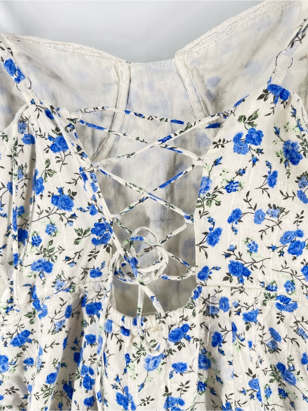 Bershka Blue Floral Corset Midi Dress Lace-Up Back Cotton Lined Women’s L - Picture 12 of 15